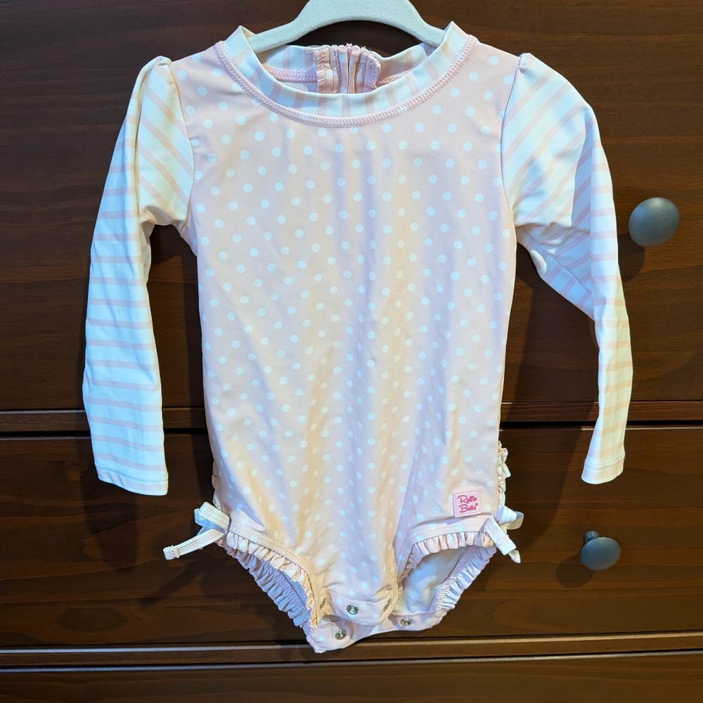 Ruffle Butts Pink Polka Dot Long Sleeve Rash Guard Bathing Suit Sz 18-24 Mo